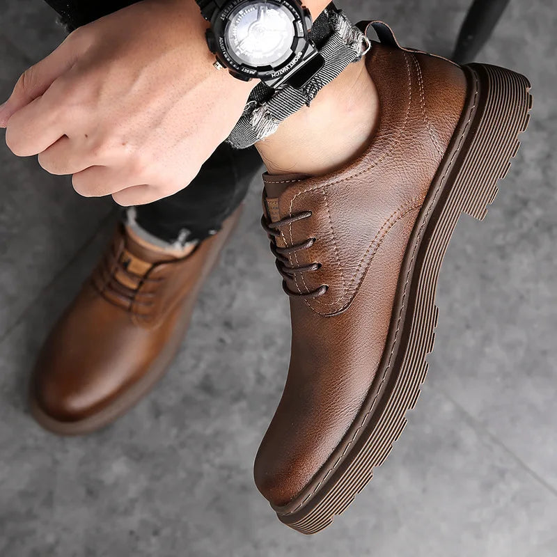Men's British Style Leather Loafers Toe Anti Slip Rubber Sole Spring Casual Dress Shoes Solid Pattern Genuine Leather Lining