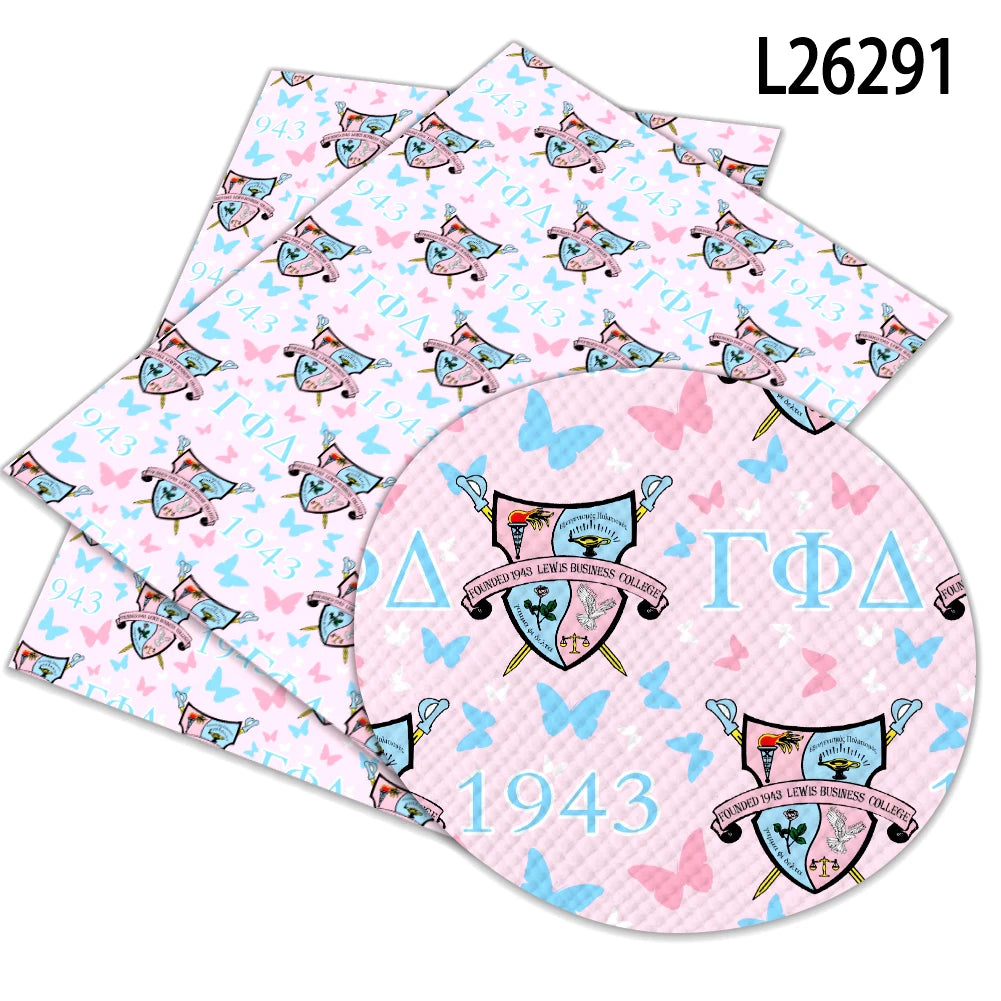 Sorority Gamma Phi Delta Pattern Faux Leather for Upholstery Mini Bag Phone case Decoration  Bow Making Synthetic Leather