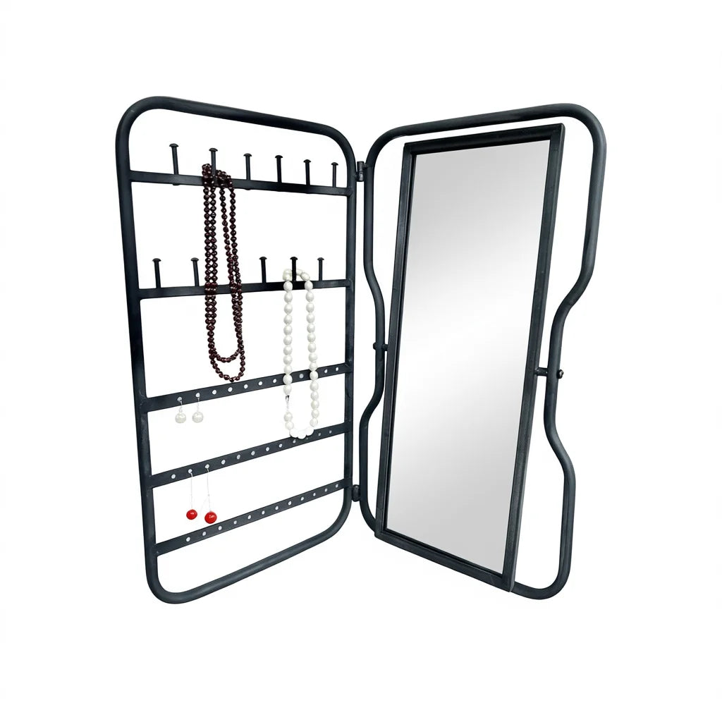 PARISLOFT Foldable Jewelry Holder With Mirror Black Metal Organizer For Necklaces Bracelets Earrings Rings Table Top Display