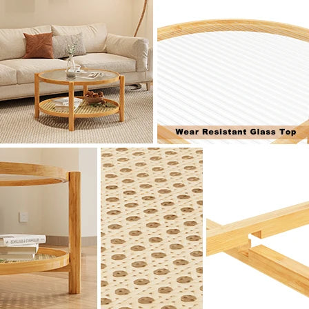 Modern Round 2-Tier Bamboo Coffee Table with Glass Top PVC Rattan Storage Shelf Wabi-Sabi Design Style for Home Coffee Area