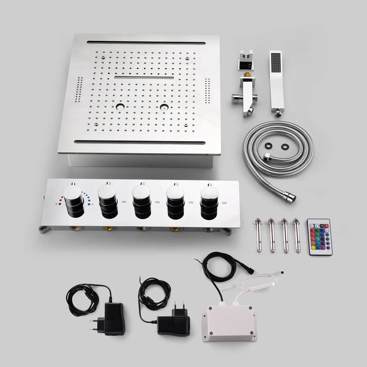 Stainles Steel 304 16inch 40cm Square Bluetooth Music LED Shower Head Panel Set Spray Rainfall Steam Thermostatic Mixer Faucet