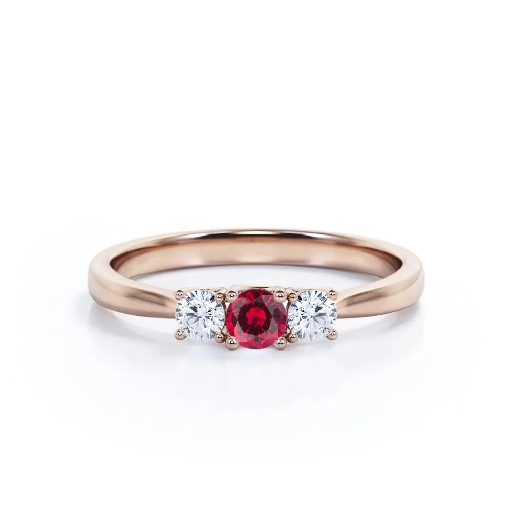 925 Sterling Silver Rhodium Plated Lab Created Ruby 0.7 Carat Cut Classic Three-Stone Certified Prong Set Engagement Ring