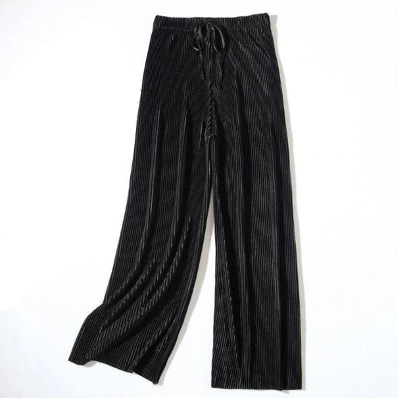 Women Fashion Summer Wide Leg Pants Pleated Ice Silk Trousers Elastic Waist Loose Casual Classic Base Girls Gifts Wear Pants