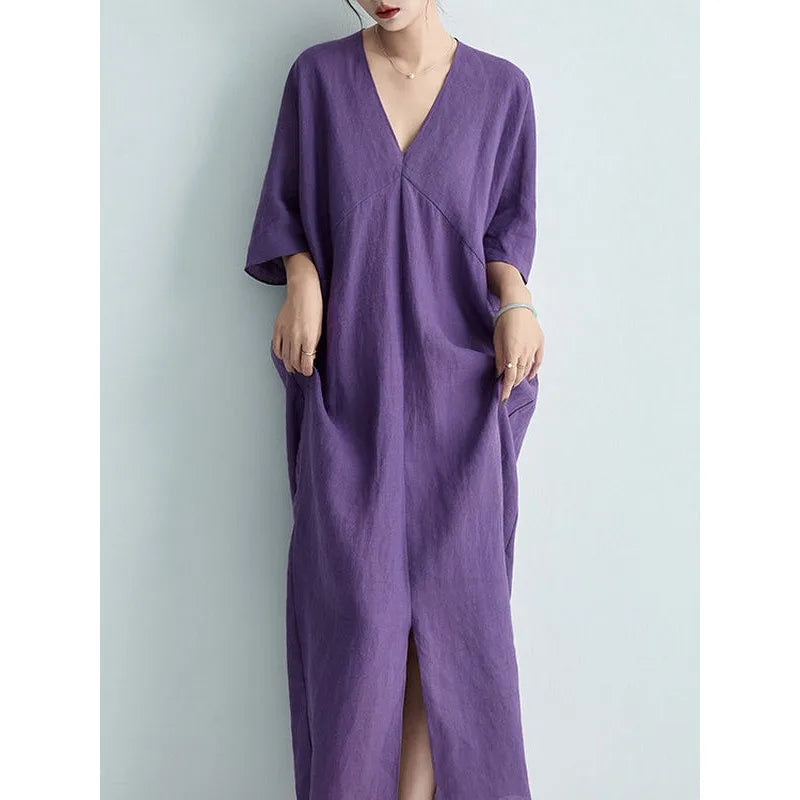2026 New Summer Wholesale V-Neck Cotton Linen Maxi Dress French Chic Elegant Loose Short Sleeve Straight Gown