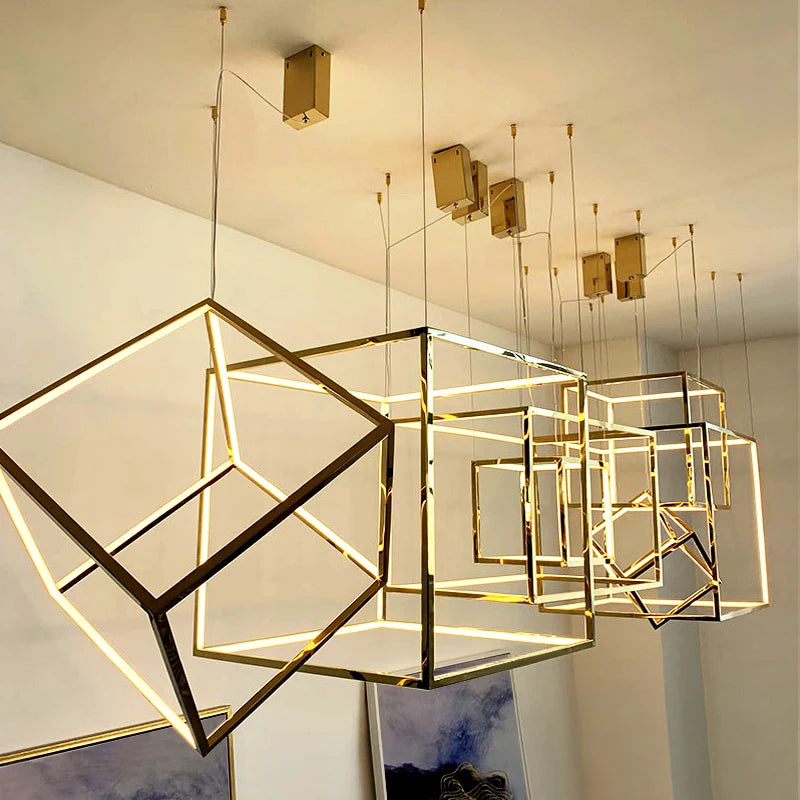 Modern square led chandelier art design postmodern luxury golden light Indoor Living Room Decor Lobby suspension chandelier