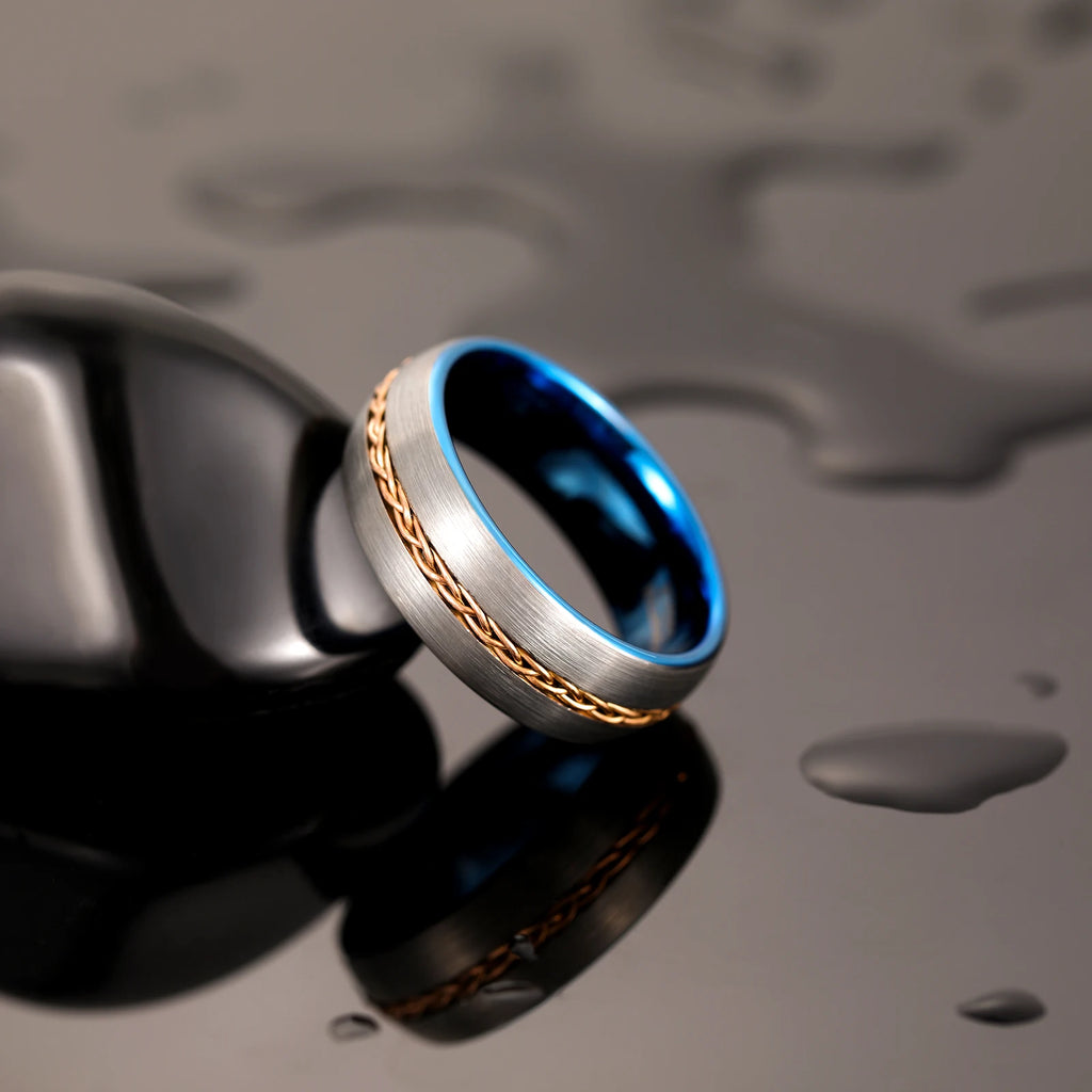 OAHLAN Tungsten Carbide Rings Wholesale Steel Chain Inlay 8mm Bands Blue Plated Brushed for Men's Wedding/Engagement/Dating