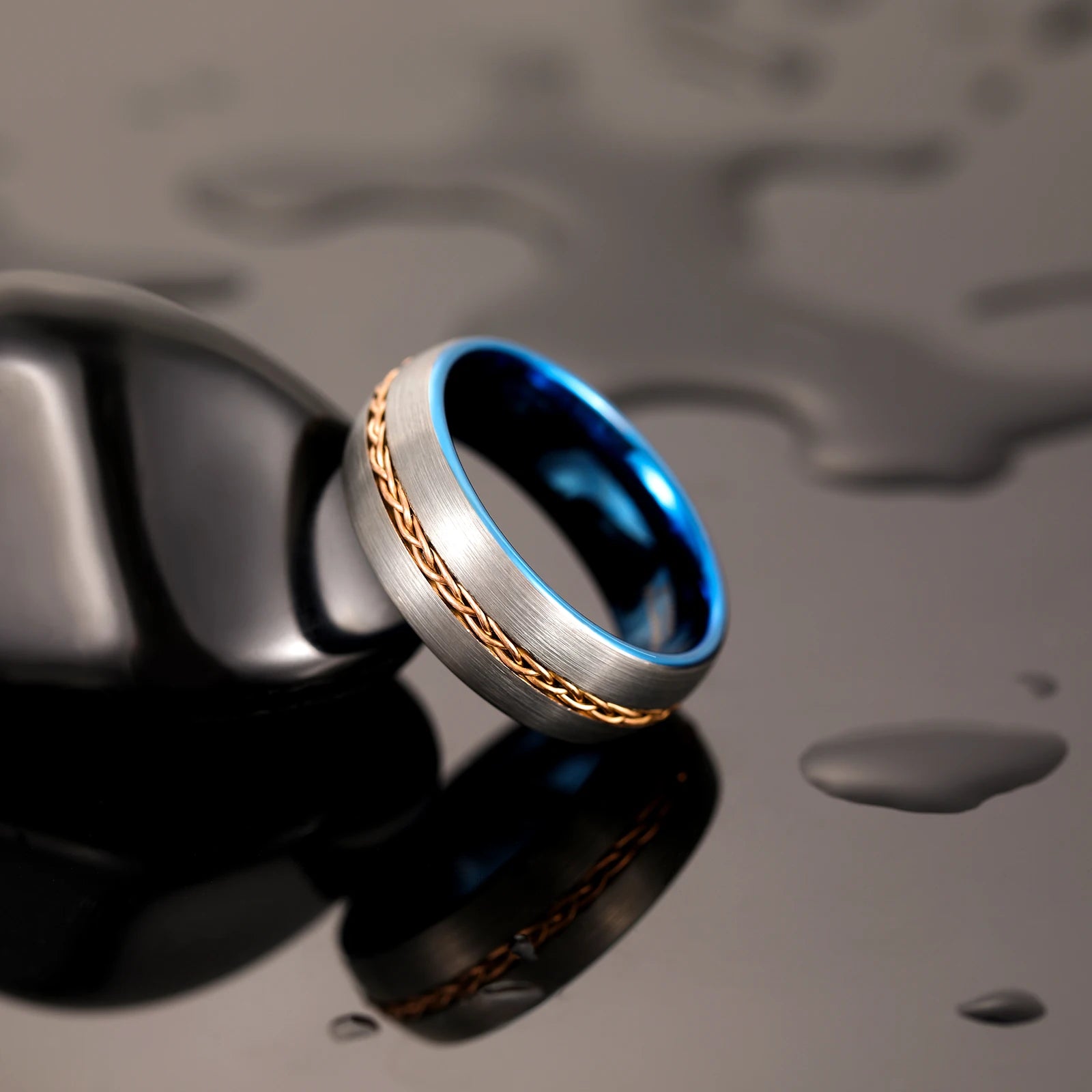 OAHLAN Tungsten Carbide Rings Wholesale Steel Chain Inlay 8mm Bands Blue Plated Brushed for Men's Wedding/Engagement/Dating