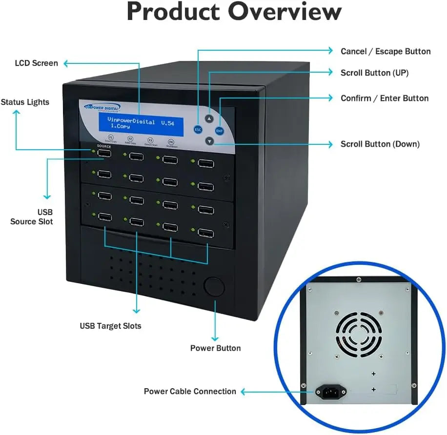 Vinpower Digital Economy Standalone USB Flash Drive Duplicator 15 Targets 128MB Buffer Memory Smart Copy 31MB/s Write Speed
