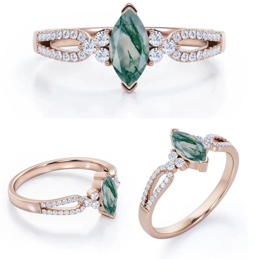 925 Sterling Silver Marquise Cut Engagement Ring with Moss Agate Moissanite Double Shank Engraved Design Prong Set Luxury Style