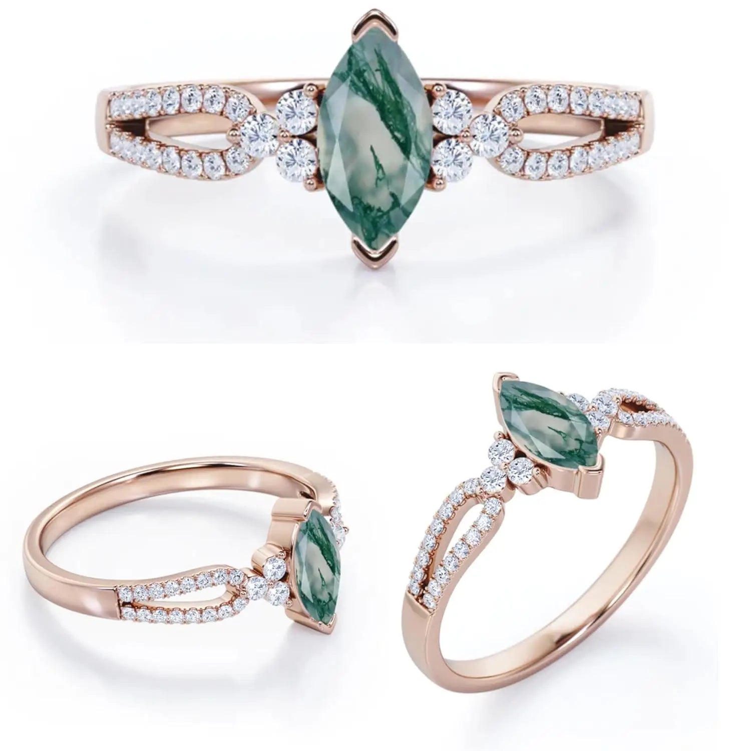 925 Sterling Silver Marquise Cut Engagement Ring with Moss Agate Moissanite Double Shank Engraved Design Prong Set Luxury Style
