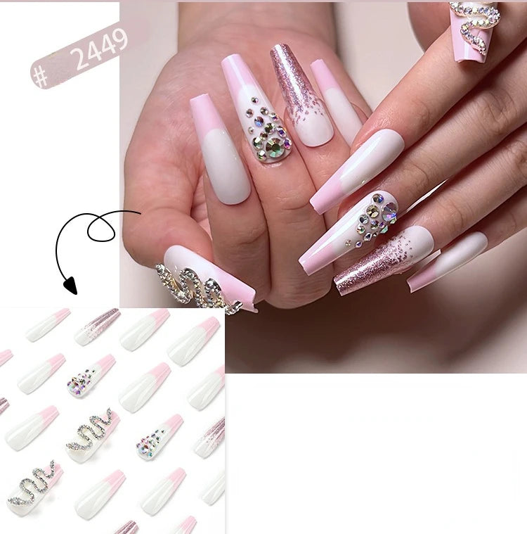 Dropshipping 24 Pcs French Style Romantic Art Acrylic Press on Nails Artificial Fingernails Candy False Nails Dating  Party 2792