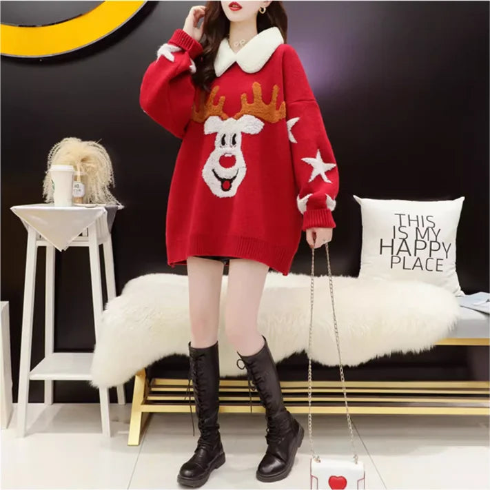 Wholesale New Year Luxury High Quality Fur Collar Loose Deep Head Print Christmas Sweater