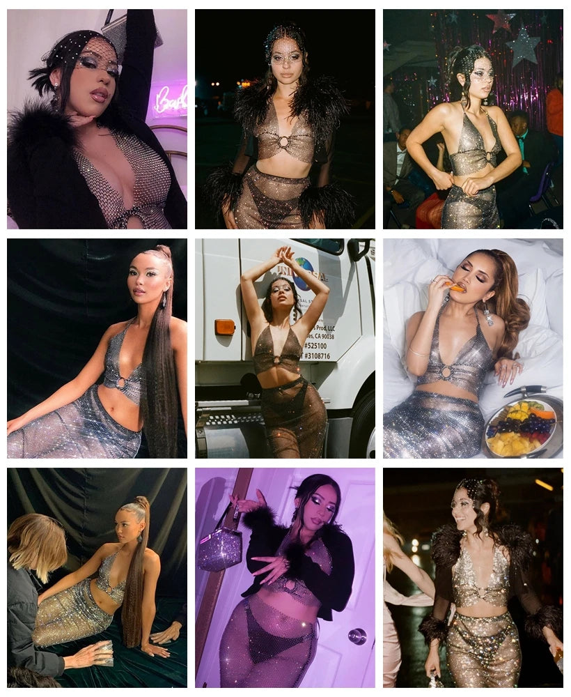 Sexy Rhinestones Fishnet Party Crystal Deep V Crop Top Rhinestone Chainmail Halter Draped Bra Ladies Club Crop Top