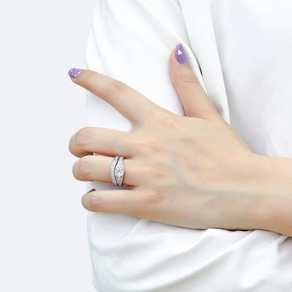 Wedding Ring Set Three-Piece Heart Pattern Engagement Jewelry Women's S925 Sterling Silver Rings