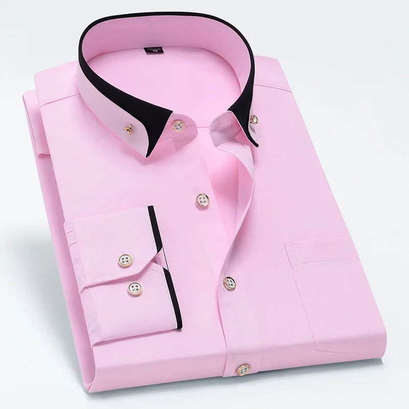 2025 New Men's Contrast Collar Elastic Long Sleeve Shirt Business Casual Comfortable Non-Ironing Shirt