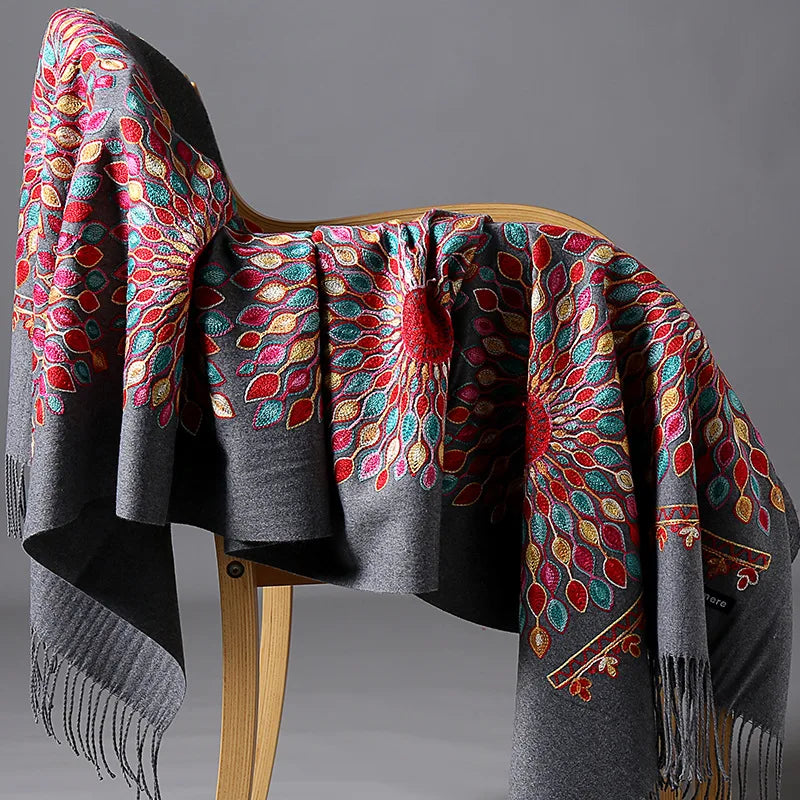 Wholesale JiYun 2025 Ladies Winter Scarf Shawl Floral Tassel Embroidery Soft Heavy Cashmere Feel-Hot Sale Winter Accessory