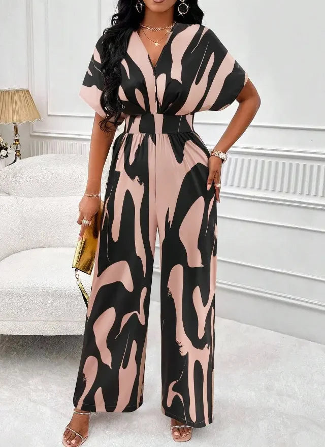 2025 Fashion Spring Summer New High Waist Short Sleeve Jumpsuits Wide Leg Pants Overalls Women's Printed Summer Loose Jumpsuit