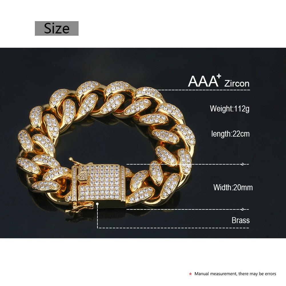 Trendy Hip Hop Baguette Zircon Cuban Chain Bracelet 22cm 18K Gold Plated Unisex Gift Jewelry
