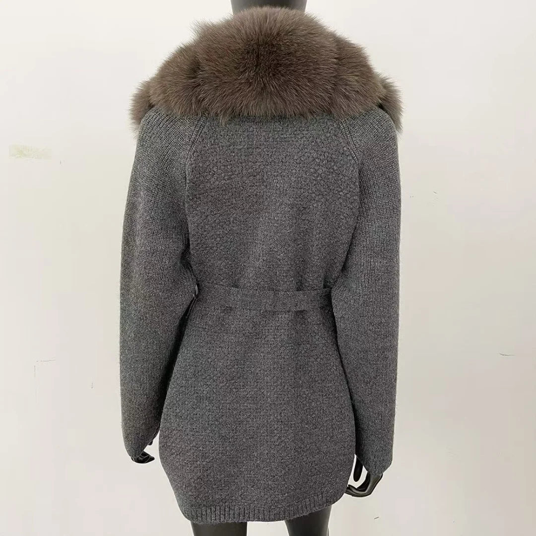 Women's New Spring Fashion Soft Midi Fox Fur Collar Knitted Cardigan Sweater Coat Casual Outerwear for Winter