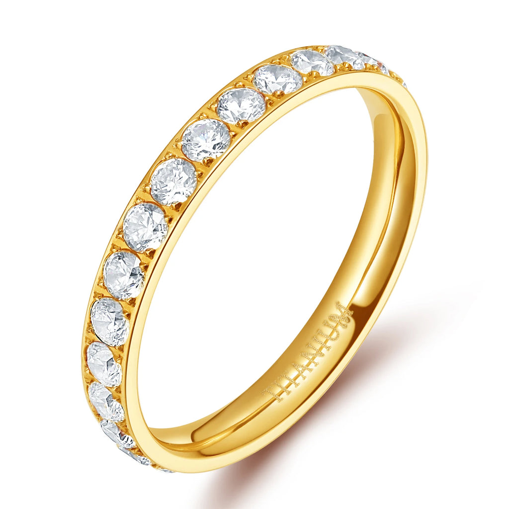 Somen 3mm Gold Color Rings Women Titanium Ring Cubic Zirconia Anniversary Engagement Wedding Band Fashion Jewelry