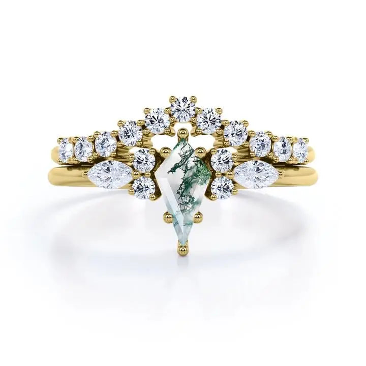 925 Sterling Silver 14K Gold Plated Luxury Certified Moss Agate Ring Classic Gemstone Engagement Wedding Promise Anniversary
