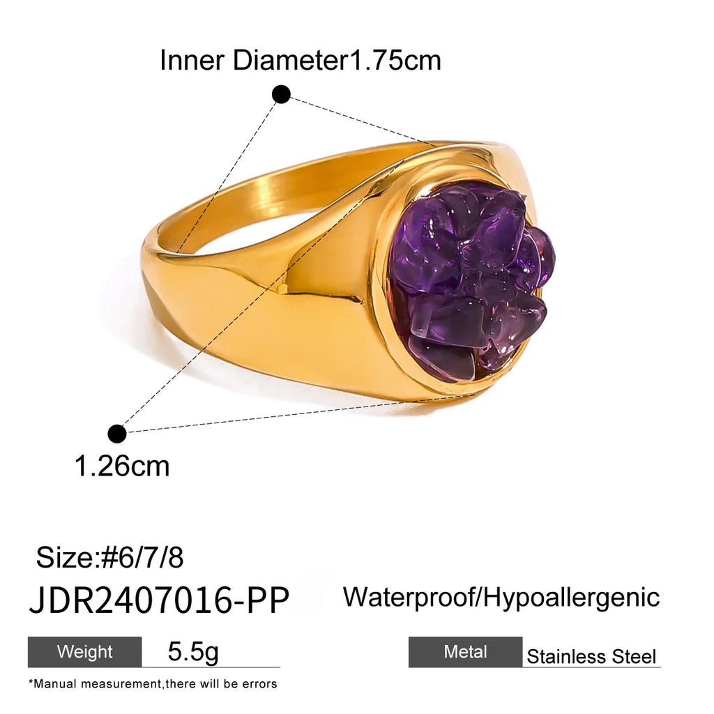 Stainless Steel Shine Inlaid Natural Crystal Geometric Rings Stainless Steel Skin-Friendly 18K Gold-plated Waterproof Jewelry