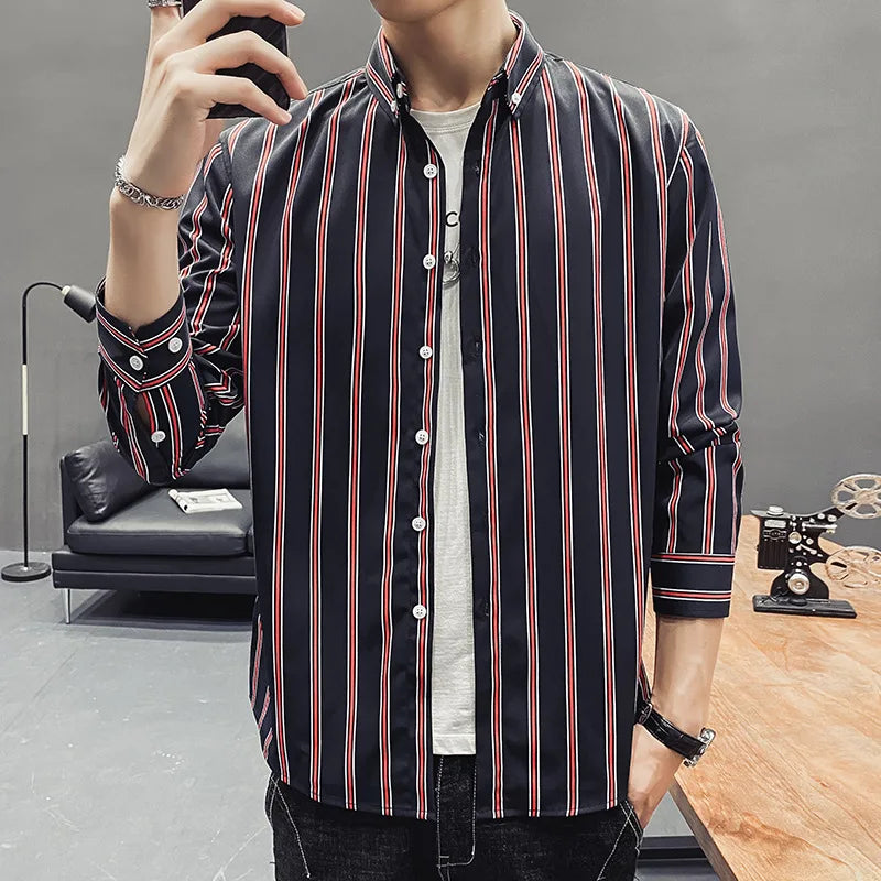 10%OFF M-5XL Korean Version of the New Four Seasons Shirt Youth Men's Business Casual Striped Lapel All-match Top Shirt