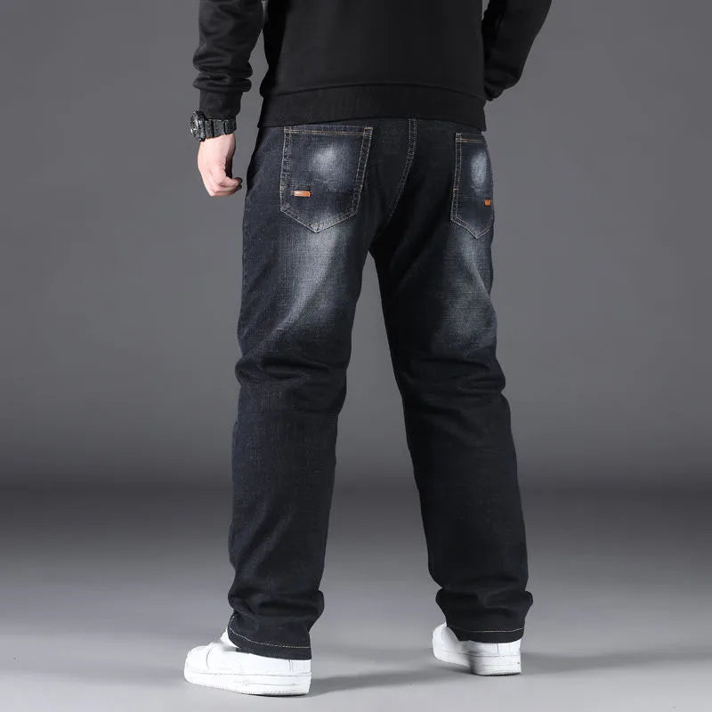 Luxurious Quality High Waist Fleece Lined Loose Stretch Multi-pocket Extra Large Spring Autumn Winter Men's Straight Leg Jeans
