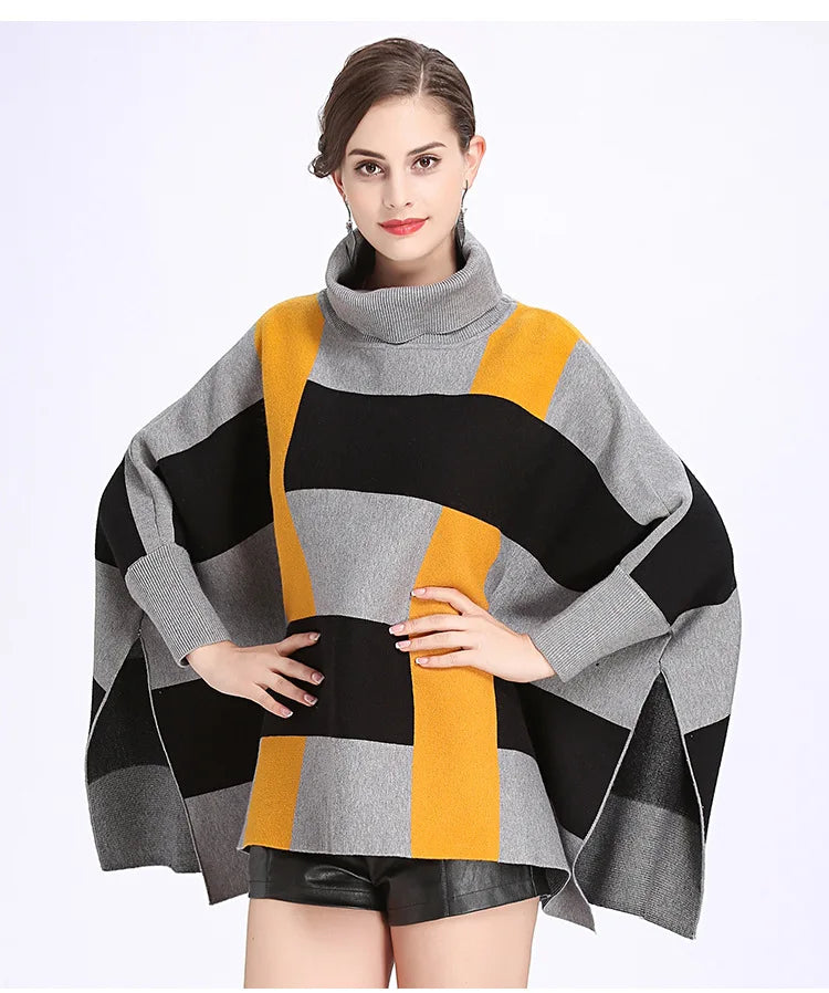 Wholesale 2025 Hot Sale Girl's Winter Cape Coats Luxury batwing Sleeve High Cloak Acrylic Knitted Warm Women's Poncho Sweater
