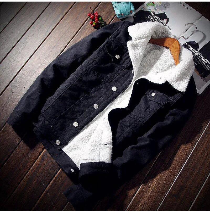 Men's Winter Warm Berber Fleece Denim Jacket Slim Fit Thicken Coat Outerwear Black Blue