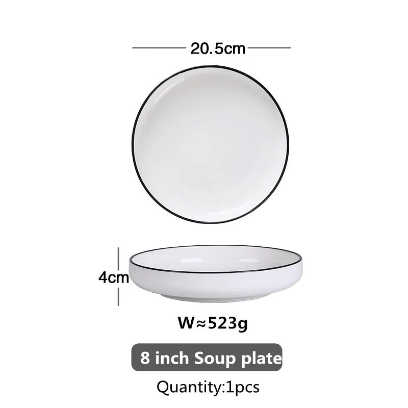 Black Rim White Ceramic Dinner Tray, Kitchen Plate, Tableware, Food Dishes, Soup Bowl,  Kitchen Cook Tool, 1 Piece Sale