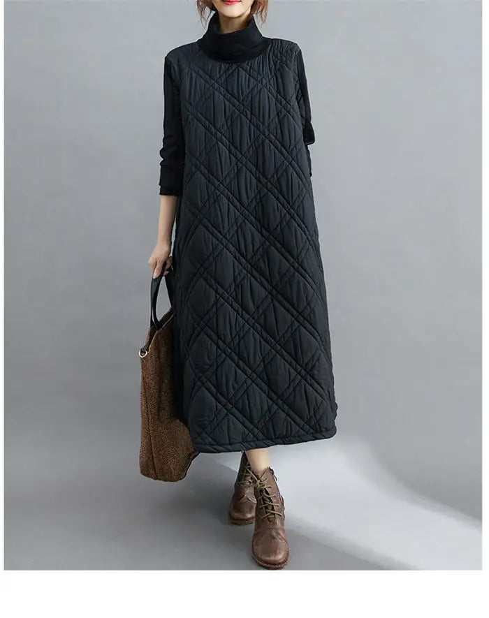 Retro Quilted Diamond Dress Thick Stitching Warm Autumn Winter Clothing New Women's High-Neck Casual Long Tunic y750