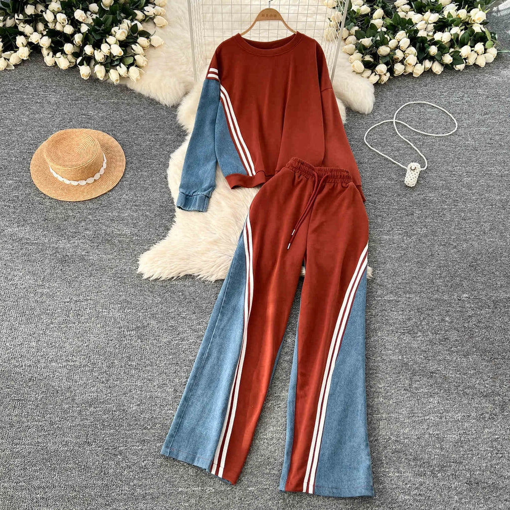 Autumn Winter New Women Sports Style Elegant Contrasting Set Pullover Top Drawstring Pants