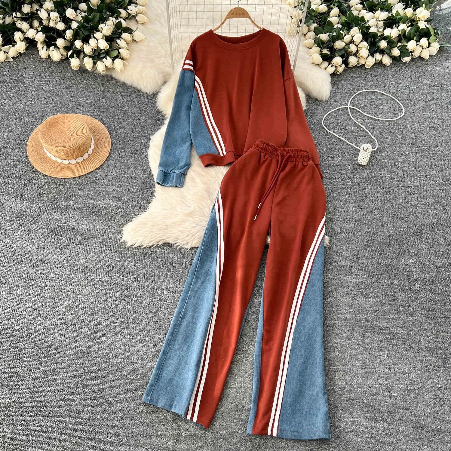 Autumn Winter New Women Sports Style Elegant Contrasting Set Pullover Top Drawstring Pants