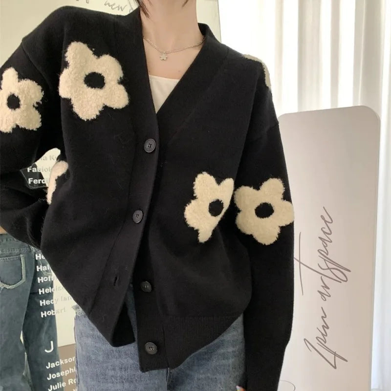 Women's Casual Cardigan New Fall V-Neck 3D Embroidered Floral Knit Sweater