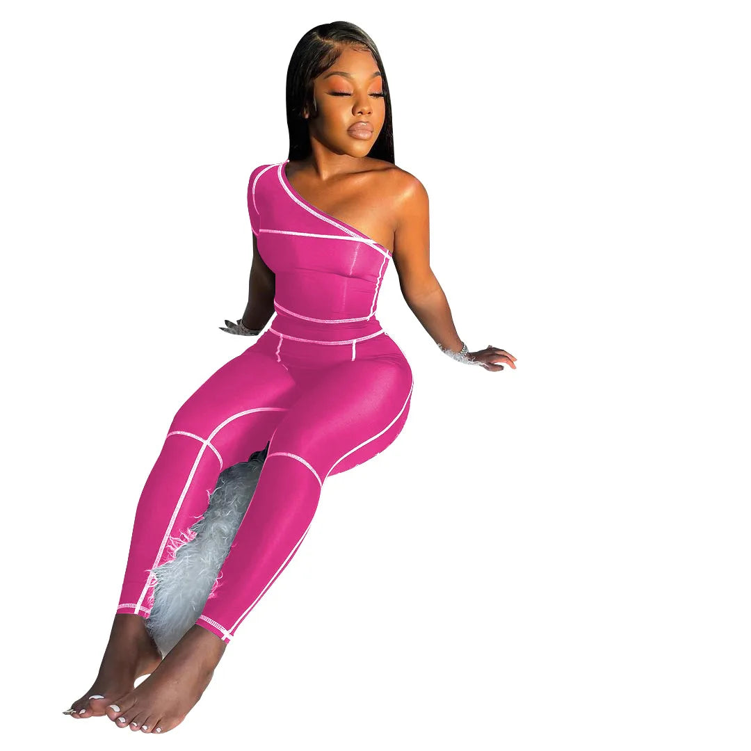 Custom Logo Private Label Sleeveless One Shoulder Jumpsuit Striped Bodycon Jumpsuit Pants