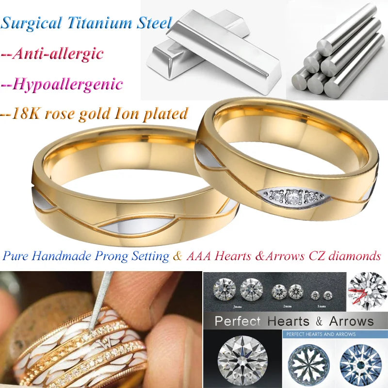 Custom 18K Gold Plated Vintage Inlay Zircon Trendy Stainless Steel Wedding Rings for Unisex Men's & Women's