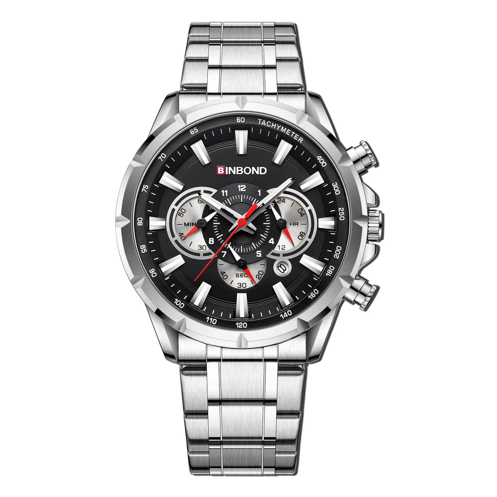 BINBOND B6395 6395 Stainless Steel Watches Men's Quartz Wristwatch Chronograph Sports Luminous Fashion Casual Pointers Men Watch