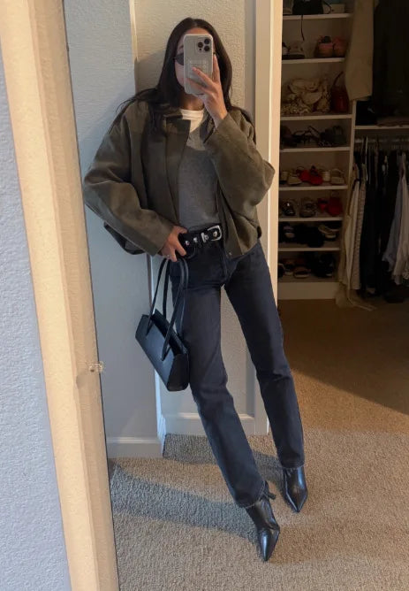 2026 Spring New Style French Retro Zippered Collar Loose-Fitting Leather Velvet Loose-Fitting Short Coat Women Jacket for Women