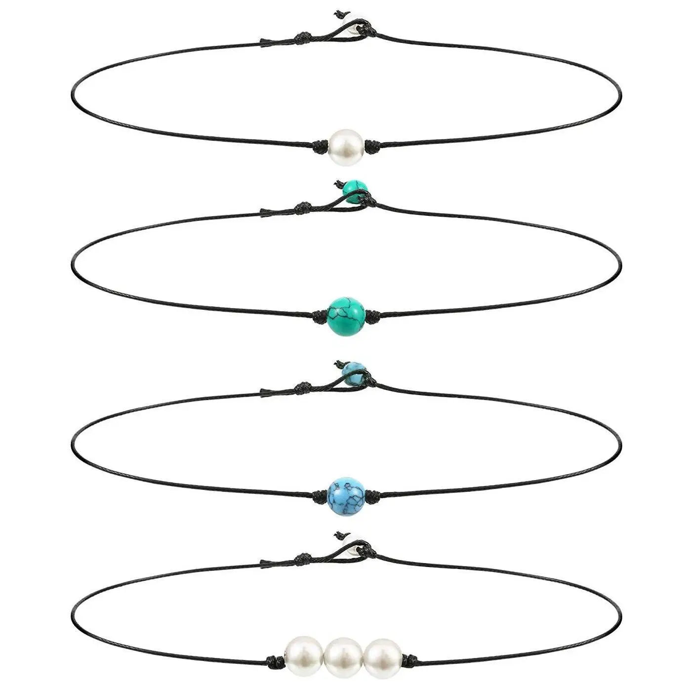 Fashion Green Blue Turquoises Pearl Charms Choker Necklace on Leather Cord for Women Men Handmade Jewelry Gifts