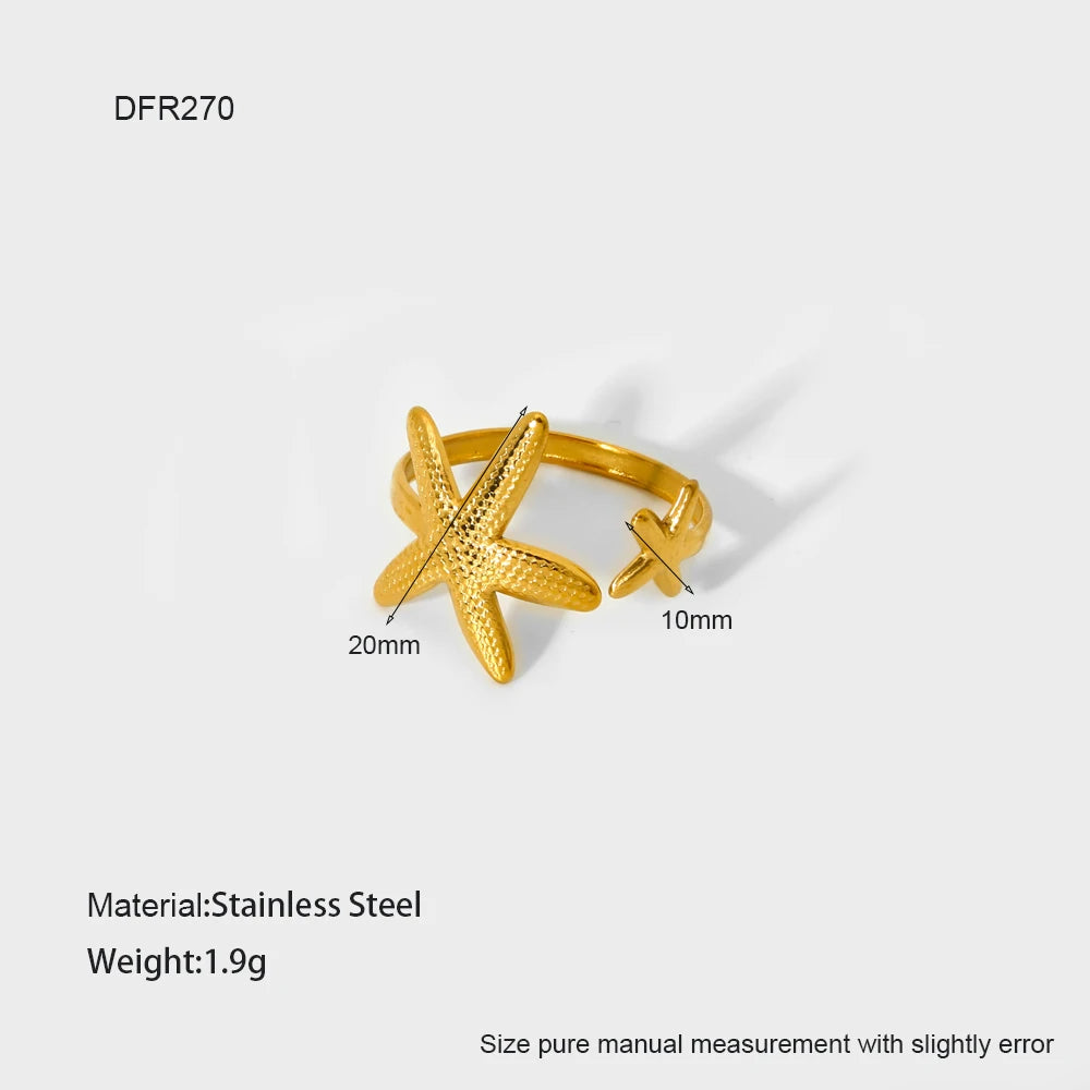 Geometric Jewelry 18K Gold Plated Finger Ring Stainless Steel Chain Starfish Ginkgo Leaf Layer Opening Stacking Rings Gift
