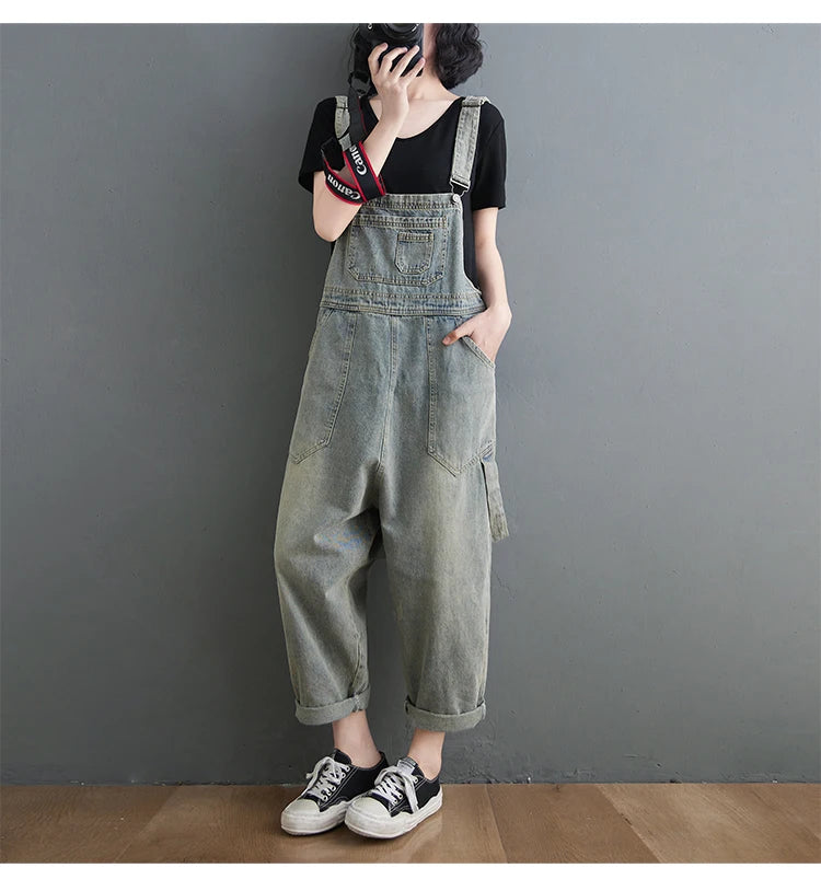Boyfriend Loose Jeans Overalls For Women Casual Plus Size Wide Leg Denim Jumpsuit Straps Baggy Cargo Pants Big Pockets Dungarees