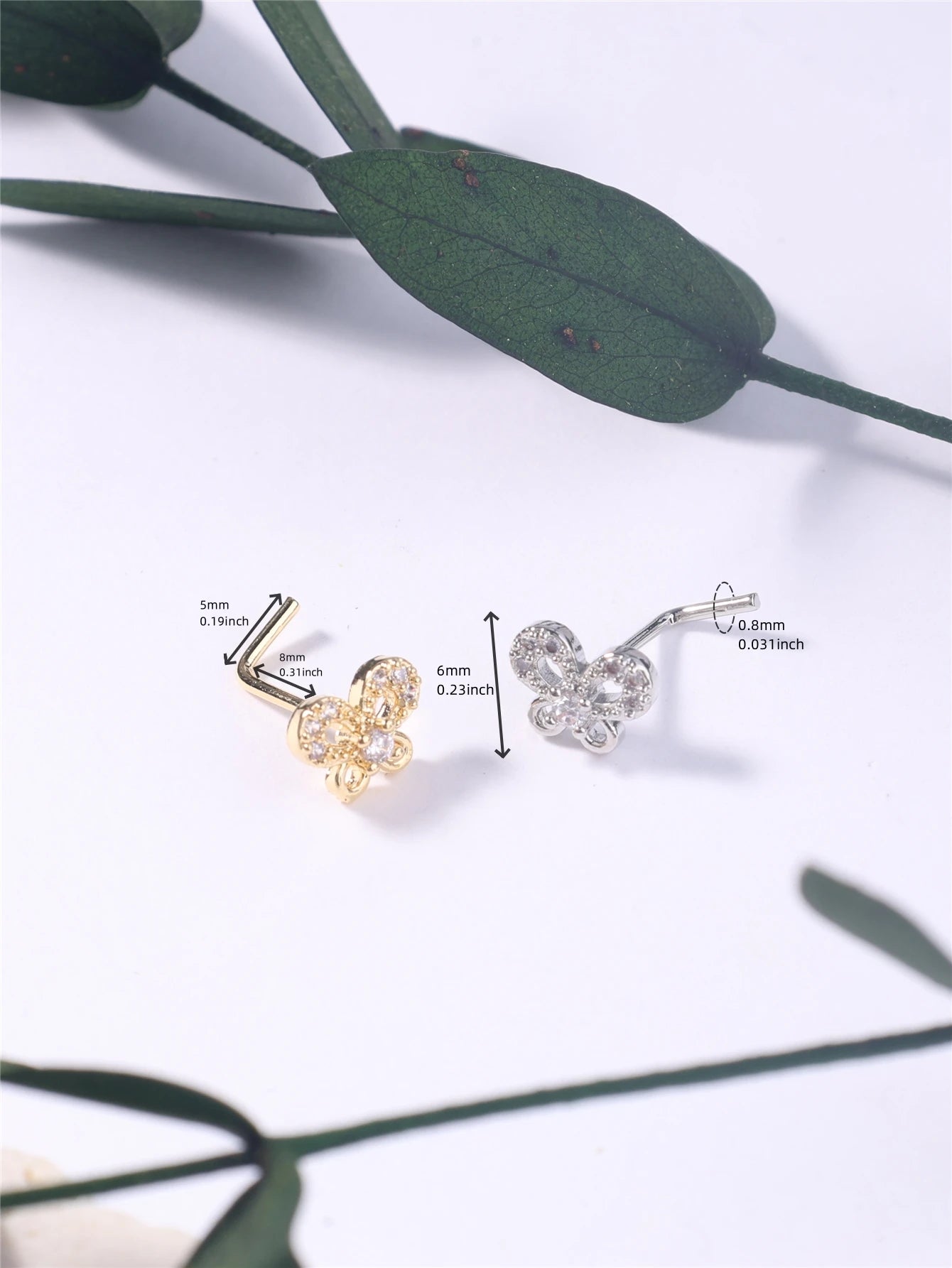 L Shaped Nose Studs Rings Butterfly Design for Women Girl Gold Silver Cute CZ Nose Pin 20G Nose Piercing Jewelry Wholesale