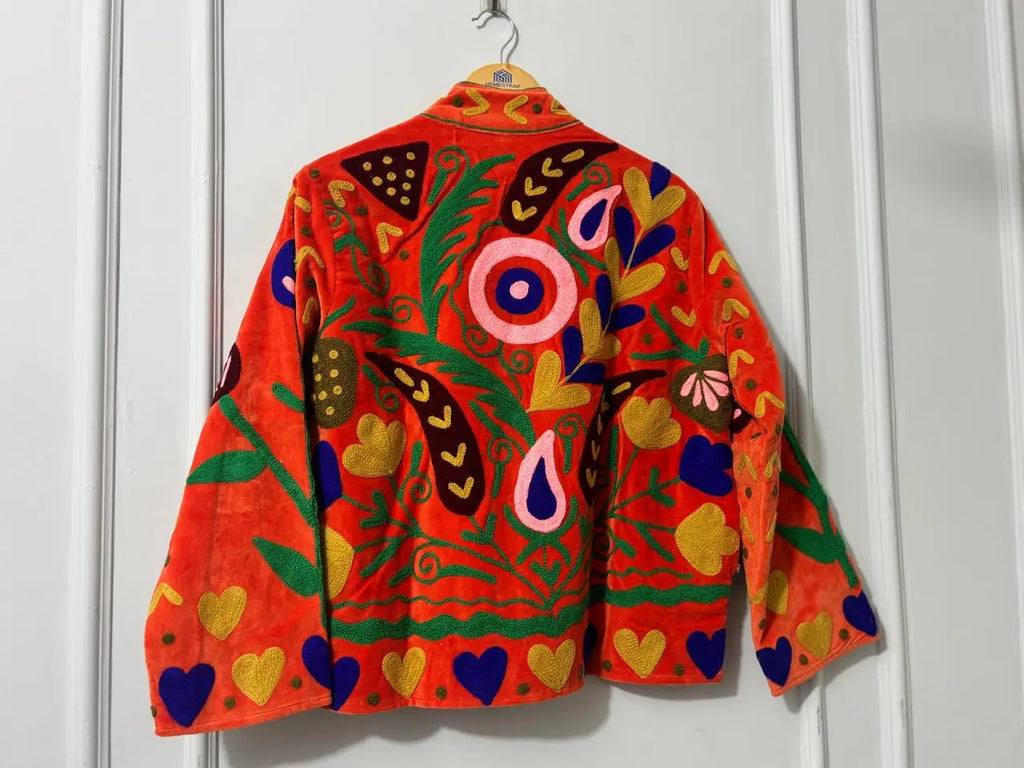 Handmade Sujani Embroidered Knitted Breathable Cotton Quilted Bomber Jacket Boho Folk Art Sustainable Winter Letter Wool