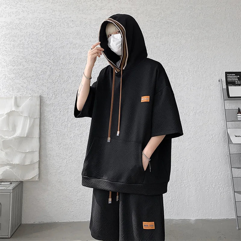 Support Customization of One Item Summer Short Sleeved Hooded T-shirt Set, Casual and Trendy Plus Size Men's Two-piece Set
