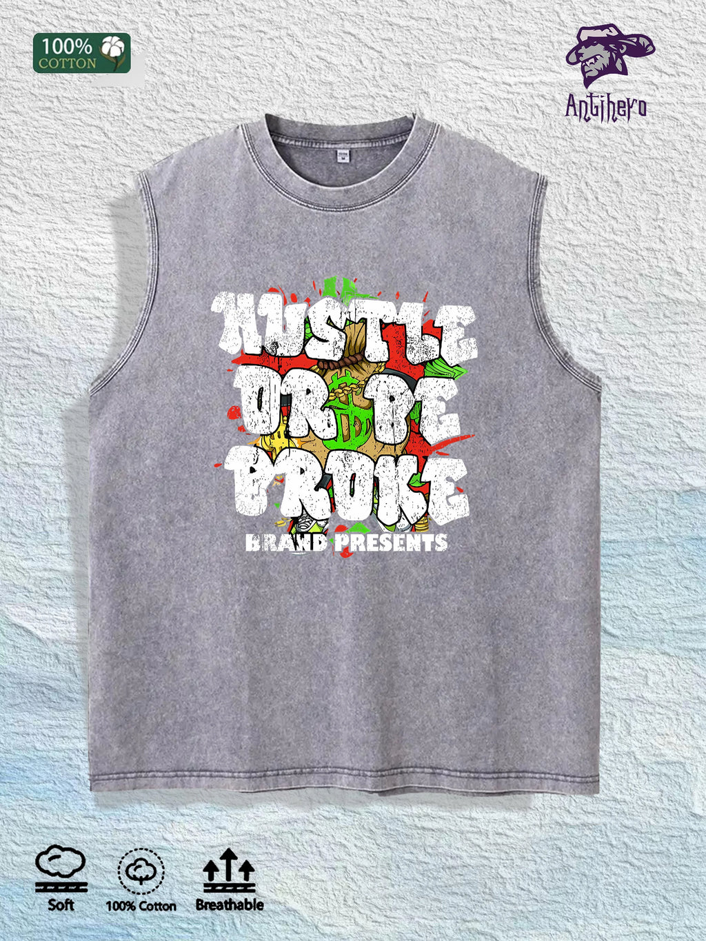 Hustle or Broke Graphic Washed Vest US Warehouse 3 Colors Cotton Tank
