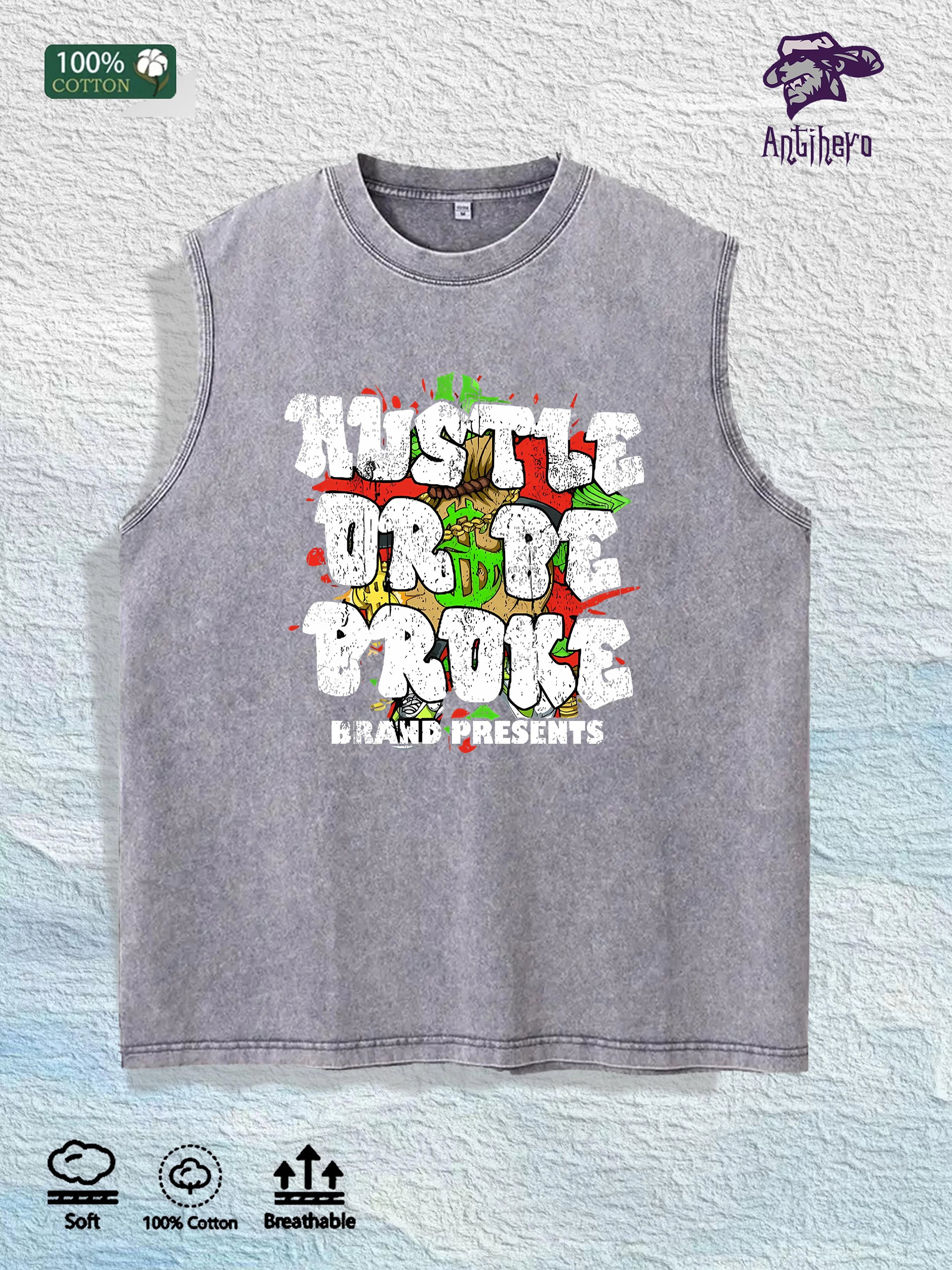 Hustle or Broke Graphic Washed Vest US Warehouse 3 Colors Cotton Tank