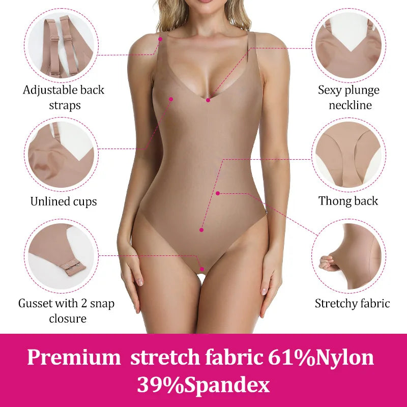 DropShip Tiktok Hot Selling Invisible Unlined Sculpt Thong Bodysuit Shapewear Snatch Waist Tummy Control Sexy V Neck Body Shaper