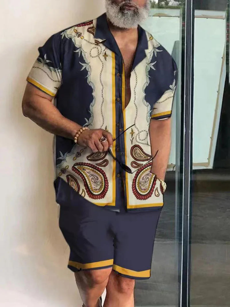 New Men Sets Print Patchwork Lapel Short Sleeve Casual Shirt Beach Shorts Summer Men Streetwear Vacation Hawaiian Suits