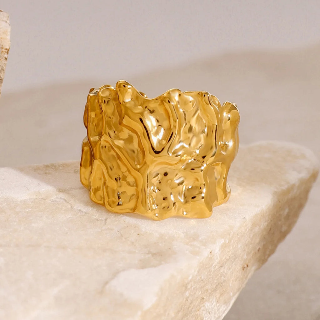 New Design Ring 18K PVD Gold Plated Stainless Steel Hammered Wide Open Rings for Women